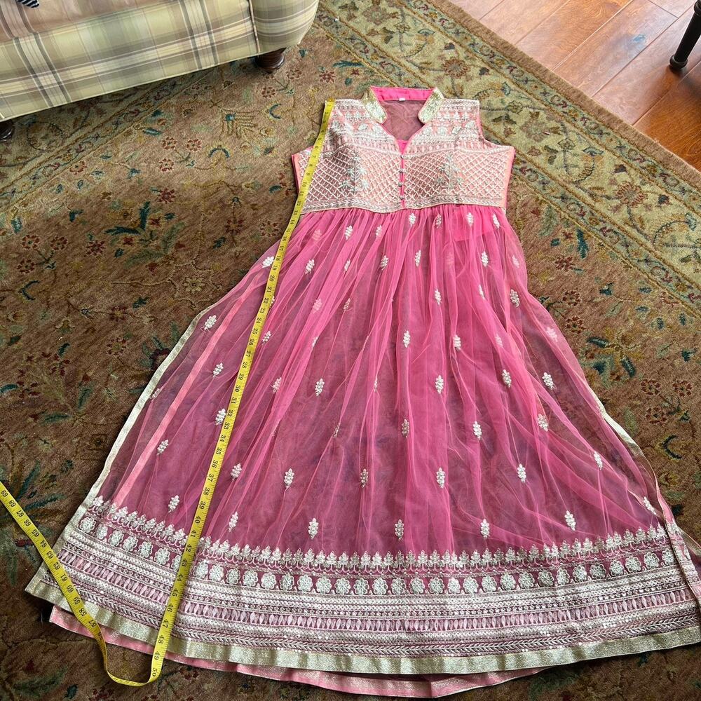 Boutique Embroidered Net Anarkali Gown XL Vibrant Pink/Gold Wedding Guest Dress - Picture 10 of 13